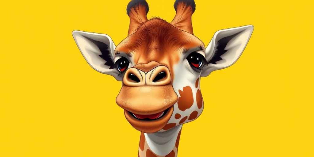 Create a detailed illustration of a giraffe with a playful expression, set against a bright yellow background, captured with a 50mm lens, f/2.8 aperture, ISO 100, shot from a low angle to emphasize height, using a digital SLR camera for high resolution and vibrant colors.