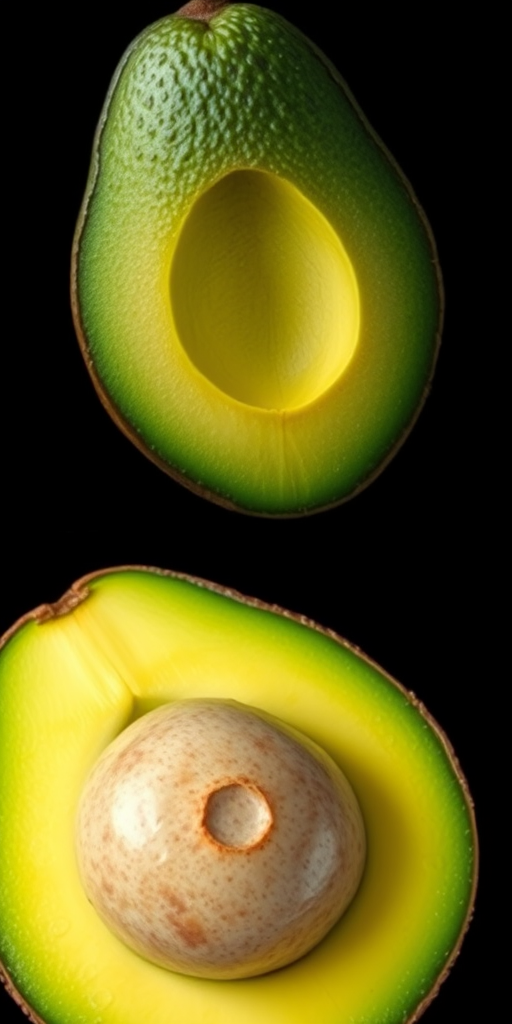 Create a highly detailed digital illustration of a ripe avocado, showing both the whole fruit and a halved version with a shiny pit, captured with a Canon EOS R5 camera at f/8 aperture, ISO 100, 50mm lens, natural light to enhance colors and textures.