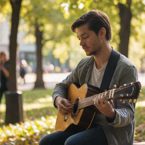 Blurry candid shot of a musician playing guitar in a park, with soft sunlight filtering through leaves, and passersby softly blurred in the background, enjoying the music.