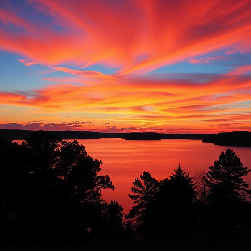 Create a vibrant sunset over a calm lake with silhouettes of trees in the foreground, using a Canon EOS 5D Mark IV, aperture f/8, shutter speed 1/125s, ISO 100, wide-angle lens, and HDR photography style.