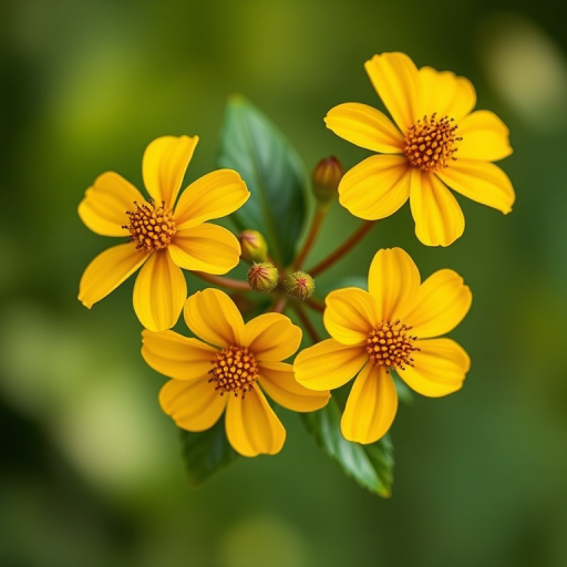 Create an image of vibrant yellow flowers with leaves on a soft green background, using a DSLR camera, 50mm lens, f/2.8 aperture, 1/200s shutter speed, and soft diffused lighting to enhance the details and colors.