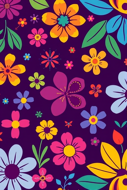 Create a vibrant and colorful floral pattern with a dark purple background, featuring a variety of stylized flowers and abstract shapes, using a high-resolution digital art style, macro lens, f/2.8 aperture, ISO 100, 50mm focal length, and soft lighting to enhance color depth and detail.