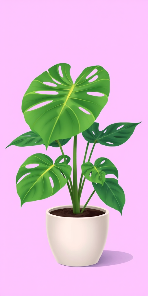 Regenerate an illustration of a Monstera plant in a ceramic pot against a pastel purple background, using a digital painting style, with a soft focus lens, high dynamic range imaging, and a 50mm f/1.8 lens for enhanced detail and depth.