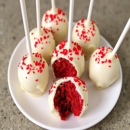 Red velvet cake pops coated in white chocolate with red crumbs on top arranged on a white plate some are whole and one is bitten showing the red interior.
