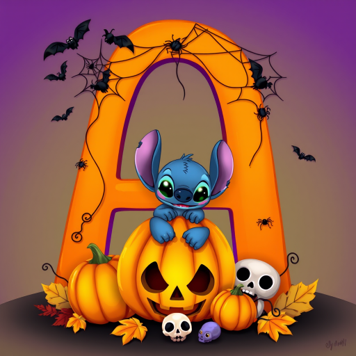 A whimsical and vibrant Halloween-themed digital illustration featuring the letter 'A' adorned with spider webs, small bats, and cute spiders. At the base of the letter, a playful alien character similar to Stitch is peeking out from inside a carved pumpkin with glowing eyes, surrounded by additional pumpkins, a small skull, and autumn leaves. The letter is gradient-colored from orange to purple, adding a magical atmosphere to the scene.