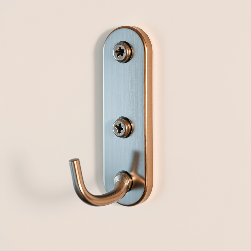 Create a high-resolution image of a metallic wall hook with a sleek design, showing the hooks and screws clearly, using a Canon EOS R5 with a 50mm lens, aperture set to f/2.8, ISO 100, and lighting from a softbox to enhance details and reduce shadows.