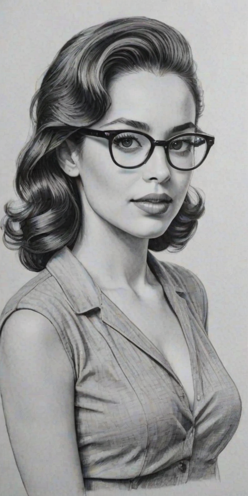 Splendid Danielle Peazer, pencil sketch, portrait of Enchanting woman 1941s in glasses, hair style beatnik, outline, clear lines, fine lines, 8k