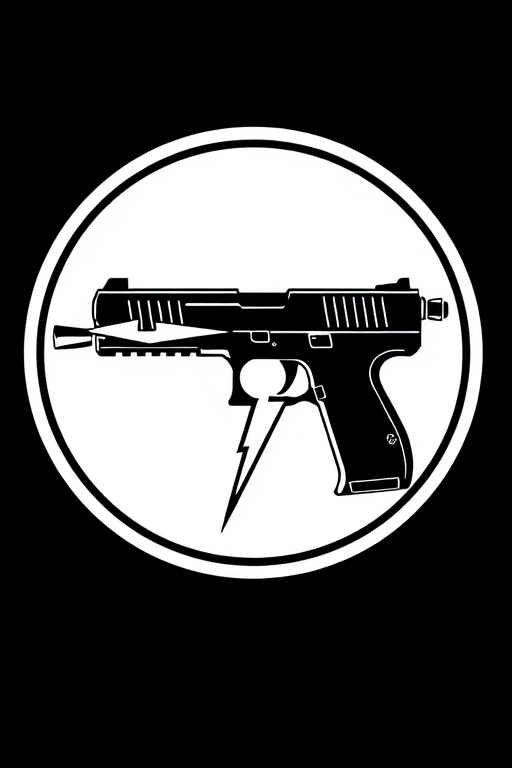 Generate a high-contrast black and white illustration of a stylized gun inside a circular outline with a lightning bolt emanating from the barrel, shot with a DSLR camera at f/8 aperture, ISO 100, 50mm lens, in a balanced lighting setup for sharp detail.