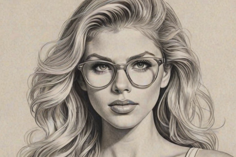 Resplendent Charlotte McKinney, pencil sketch, portrait of Graceful woman 1935s in glasses, hair style beatnik, outline, clear lines, fine lines, 8k