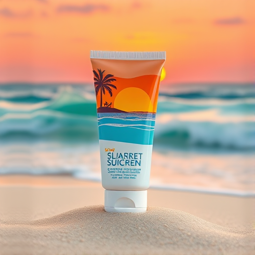 Create a high-resolution vector illustration of a sunscreen tube decorated with a tropical sunset scene, positioned on a sandy beach with rolling waves, using a DSLR camera with a focal length of 50mm, aperture set to f/2.8, ISO 100, natural lighting, and a soft focus background to enhance detail and color vibrancy.