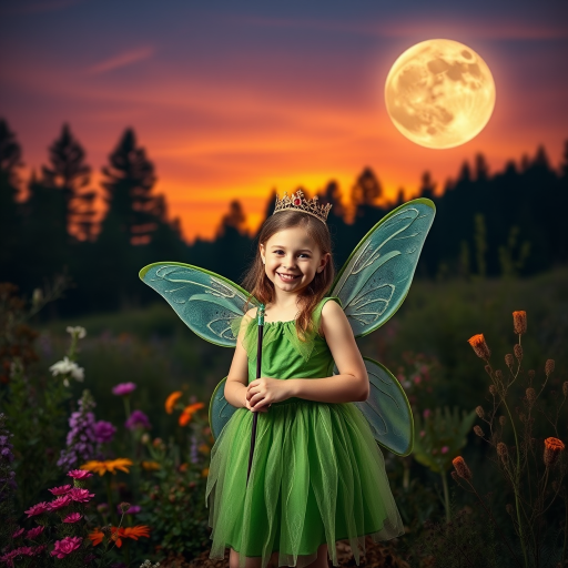 A vivid photo  taken under a bright camera flash of a fantastical scene set against a backdrop of a forest during sunset. The main subject is a girl dressed as a fairy, adorned with translucent wings and a green dress, holding a wand, her face is happy, and she wears a crown on her head. The forest behind her is a blend of flowers, shrubs and trees. The sky is painted in hues of orange and pink, with a large, glowing moon casting a warm glow over the scene. The overall color palette is dominated by earthy tones.