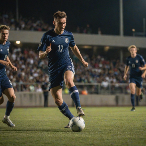 Blurry action shot of a soccer player kicking a ball mid-game, intense focus on their face, dirt flying up from the field, the crowd in the background cheering, stadium lights casting harsh shadows on the field, focus on the movement of the ball.