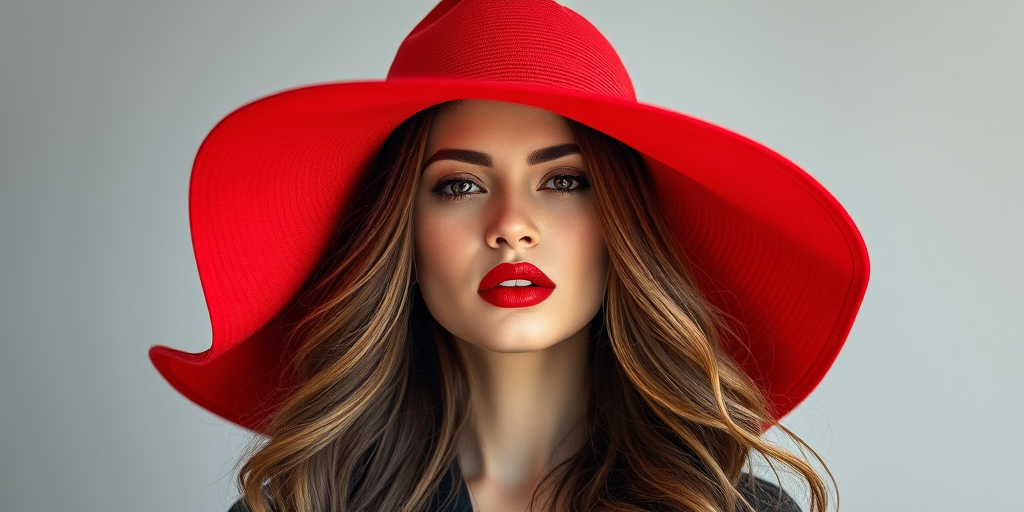 A stylish woman wearing a large red hat, with long flowing hair and striking red lips, shot with a Canon EOS R5, 50mm lens, f/1.8, ISO 100, natural lighting, portrait view, minimalistic background for enhanced focus on the subject.