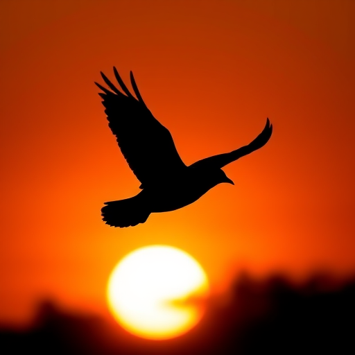 Create a high-resolution image of a silhouette of a bird in flight against a sunset background, using a DSLR camera with a 50mm lens, aperture f/1.8, ISO 100, and a warm color palette to enhance the contrast.