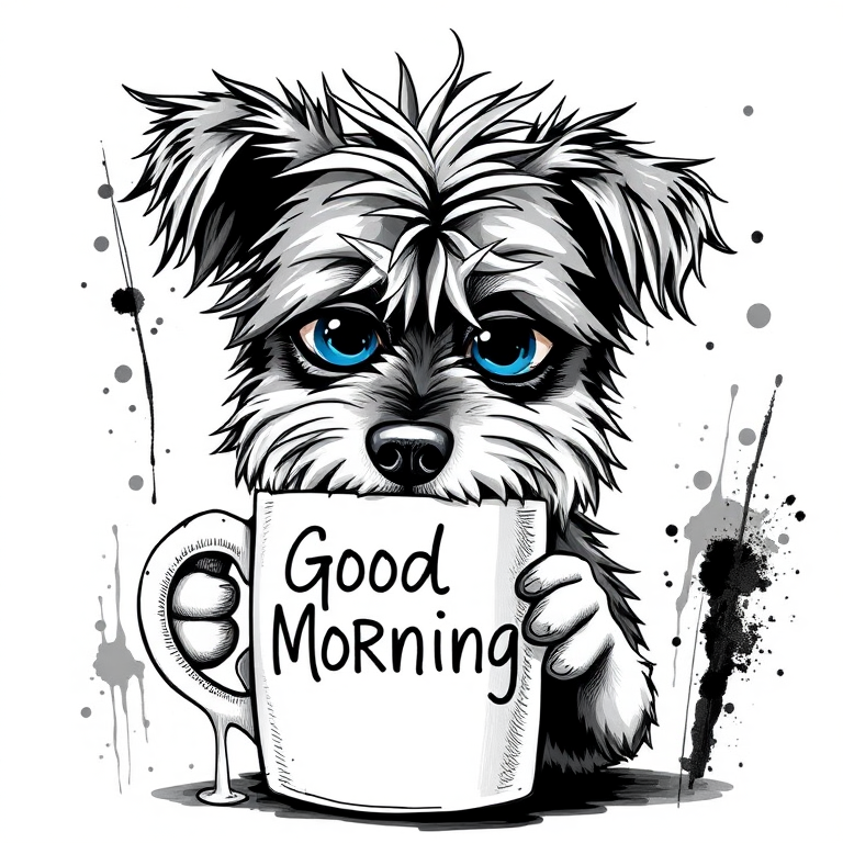 A quirky, artistic illustration of a disheveled poogle dog breed with exaggerated, large eyes and spiky fur, holding a coffee mug that reads "Good Morning". The dog has a tired but humorous expression, with ink splatters and abstract details surrounding it, giving a whimsical feel to the image. The color palette is mostly monochrome with hints of blue in the eyes and steam rising from the mug, enhancing the overall sleepy vibe