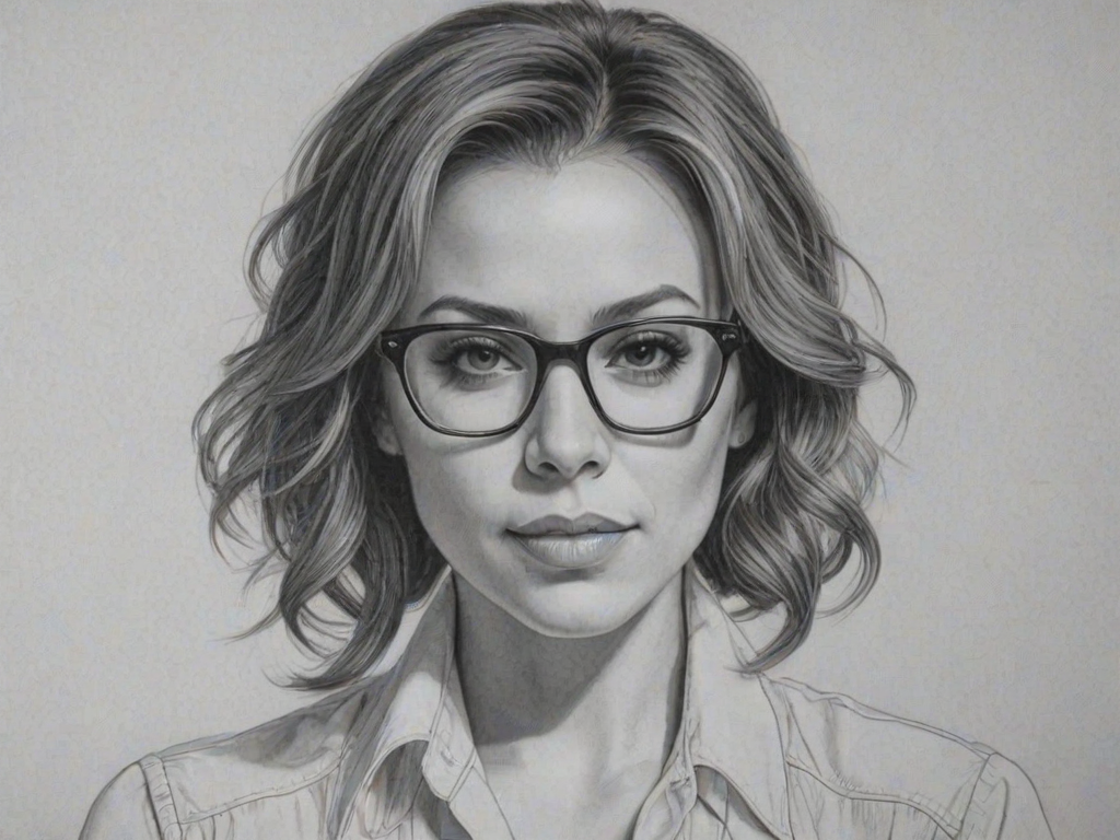 Gorgeous Alyssa Milano, pencil sketch, portrait of Wonderful woman 1973s in glasses, hair style beatnik, outline, clear lines, fine lines, 8k