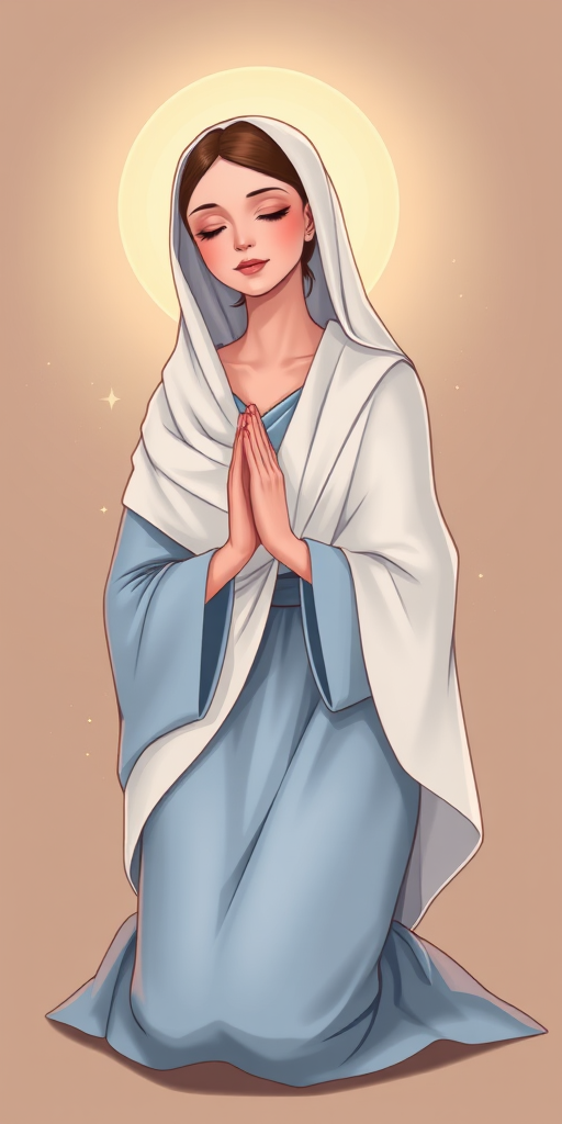 Create an illustration of a serene woman with a gentle expression, kneeling with hands clasped in prayer, wearing a flowing light blue robe and a white shawl, with a luminous golden halo behind her, captured in a soft focus with a DSLR camera at f/2.8 aperture, 50mm lens, and low ISO setting for enhanced clarity and brightness.