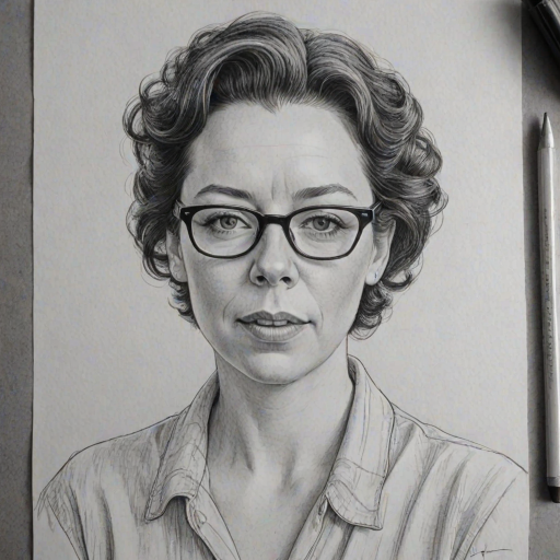 Charming Olivia Colman, pencil sketch, portrait of Pleasing woman 1953s in glasses, hair style beatnik, outline, clear lines, fine lines, 8k