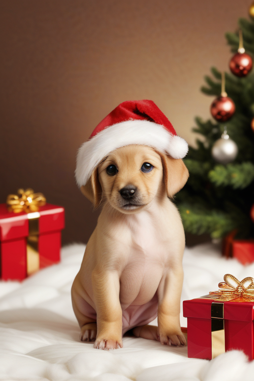 Adorable Puppy in Santa Hat Surrounded by Christmas Gifts and Tree ...
