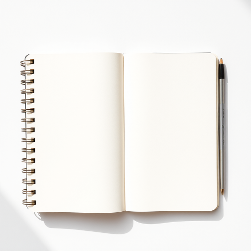 create an image of an open spiral notebook with blank pages, shot with a Canon EOS R5, 50mm lens, f/1.8 aperture, ISO 100, 1/125 sec, overhead view, natural light for soft shadows and even brightness