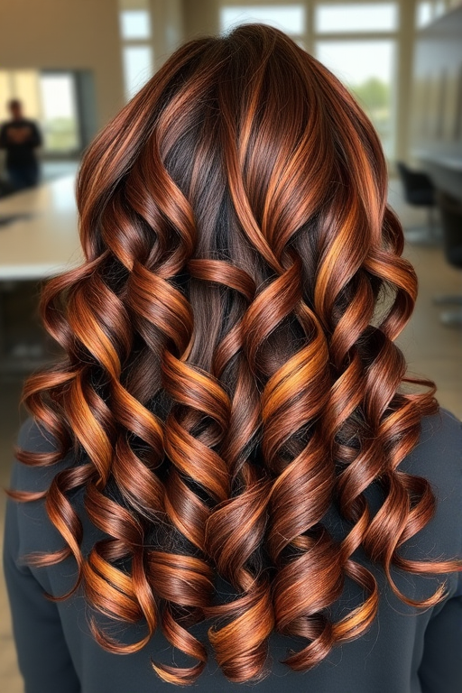 Luscious chocolate brown curls styled in the "Cocoa Cascade" fashion tumble down her back in voluminous ringlets, interspersed with caramel highlights and a subtle ombre effect