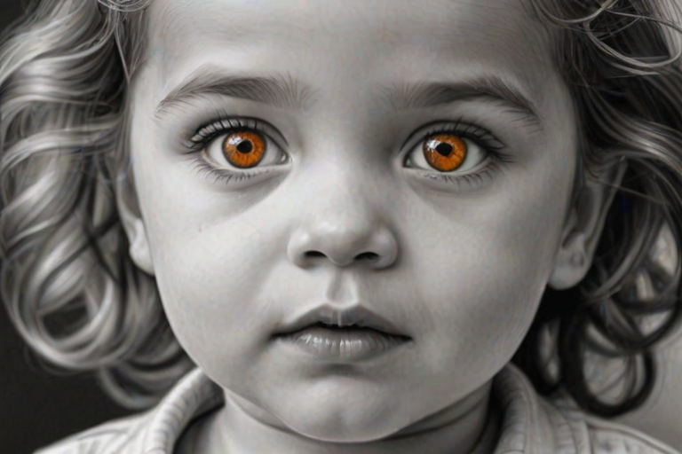 A hyperdetailed photorealistic black and white sketch of a beautiful toddler with deep orange eyes, with a macro focus