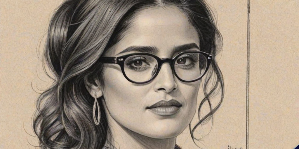 Magnificent Salma Hayek, pencil sketch, portrait of Dazzling woman 1931s in glasses, hair style beatnik, outline, clear lines, fine lines, 8k