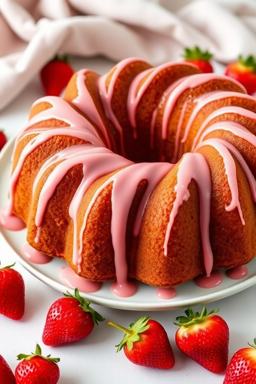 A beautifully baked bundt cake with a glossy pink icing drizzle placed on a white plate surrounded by fresh strawberries and a soft cloth in the background.