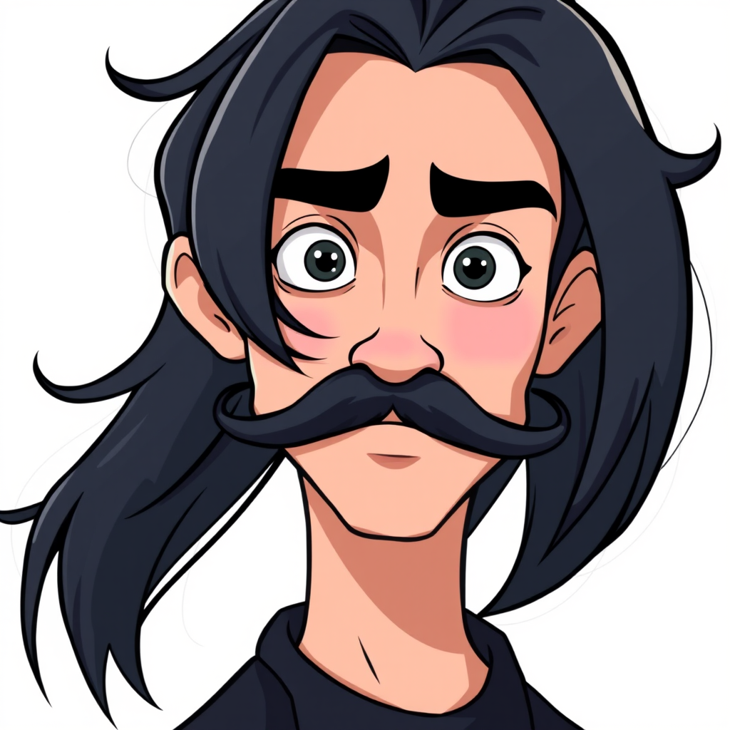 Create a high-resolution vector illustration of a cartoonish male character with long black hair and a mustache, using a Canon EOS 5D Mark IV with a 50mm f/1.8 lens, aperture set to f/2.8, ISO 100, shot in a well-lit studio environment for enhanced clarity and color vibrancy.