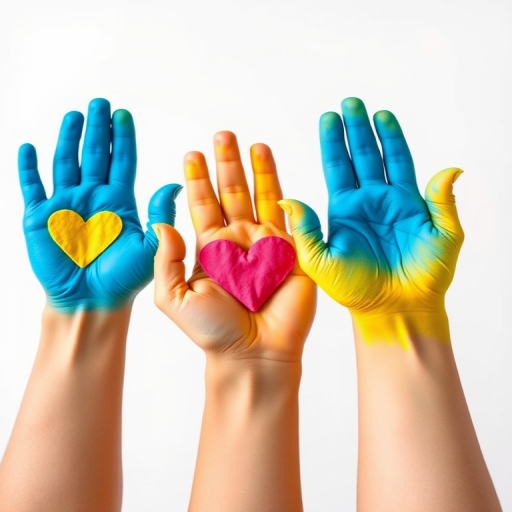 Create an image of colorful hands raised with blue and yellow colors, each hand with a heart symbol, against a clean white background, shot with a DSLR camera at f/8 aperture, ISO 100, 50mm lens, top-down view, bright and vibrant style.