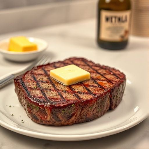 Create an image of a perfectly seared ribeye steak, resting on a white plate with a pat of melting butter on top. The steak is seasoned with fresh herbs like thyme and parsley, with glistening juices highlighting the texture of the meat. The background features a soft focus on a light, marble countertop, with a small dish of butter and an olive oil bottle in the distance. The overall mood should be warm and inviting, capturing the deliciousness and juiciness of the steak.