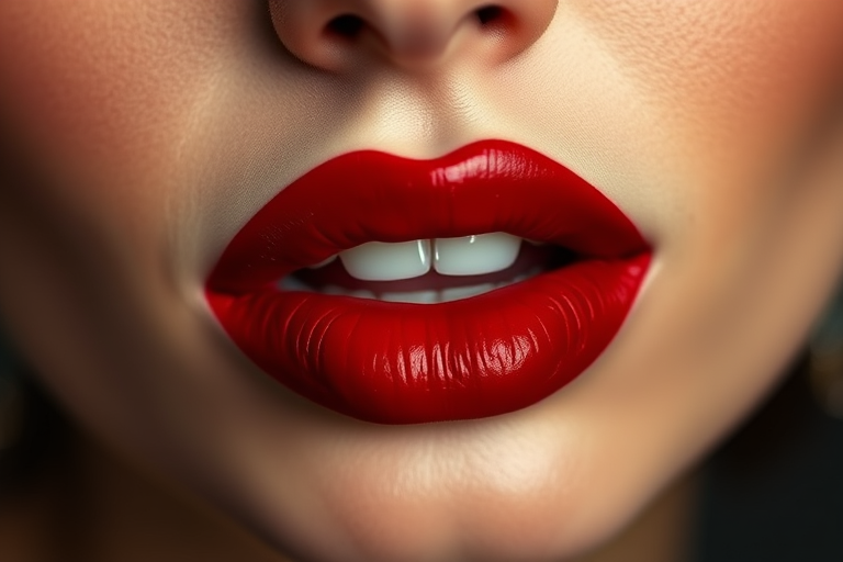 Seductive deep red lips with a velvety matte finish, channeling classic Hollywood glamour and timeless sophistication