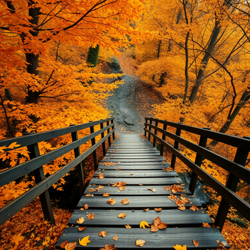 high-angle view of a wooden bridge surrounded by vibrant autumn foliage, golden and orange leaves, soft natural lighting, camera settings: aperture f/8, shutter speed 1/250s, ISO 200, camera type: DSLR, lens: 50mm, style: landscape photography
