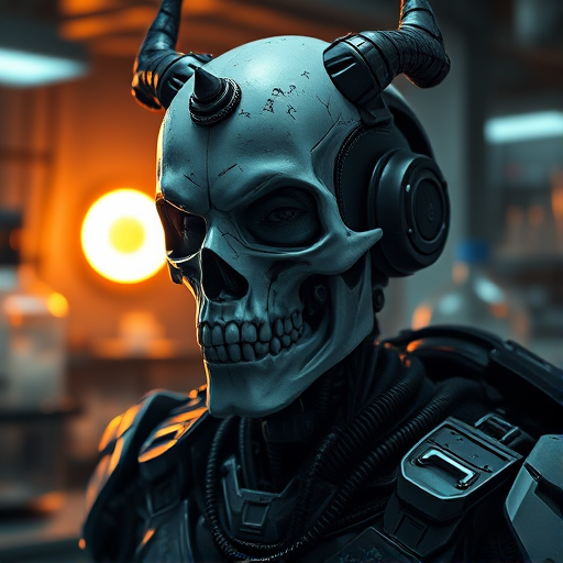 Cyberpunk, sci-fi, dark-fantasy, kodak portrait 400, 8k, soft light, volumetric lighting, highly detailed, britt marling style 3/4, portrait photo of a war man cyborg robot in a chemical laboratory + face, face is skullbone with scares, intricate, elegant, highly detailed, devil-armor, 2D motifs detailed dark fantasy digital painting, artstation, concept art, smooth, sharp focus, illustration, art by Otomo Katsuhiro and ShirÅ'Masamune and Oshii Mamoru. Cosmic light in backfront