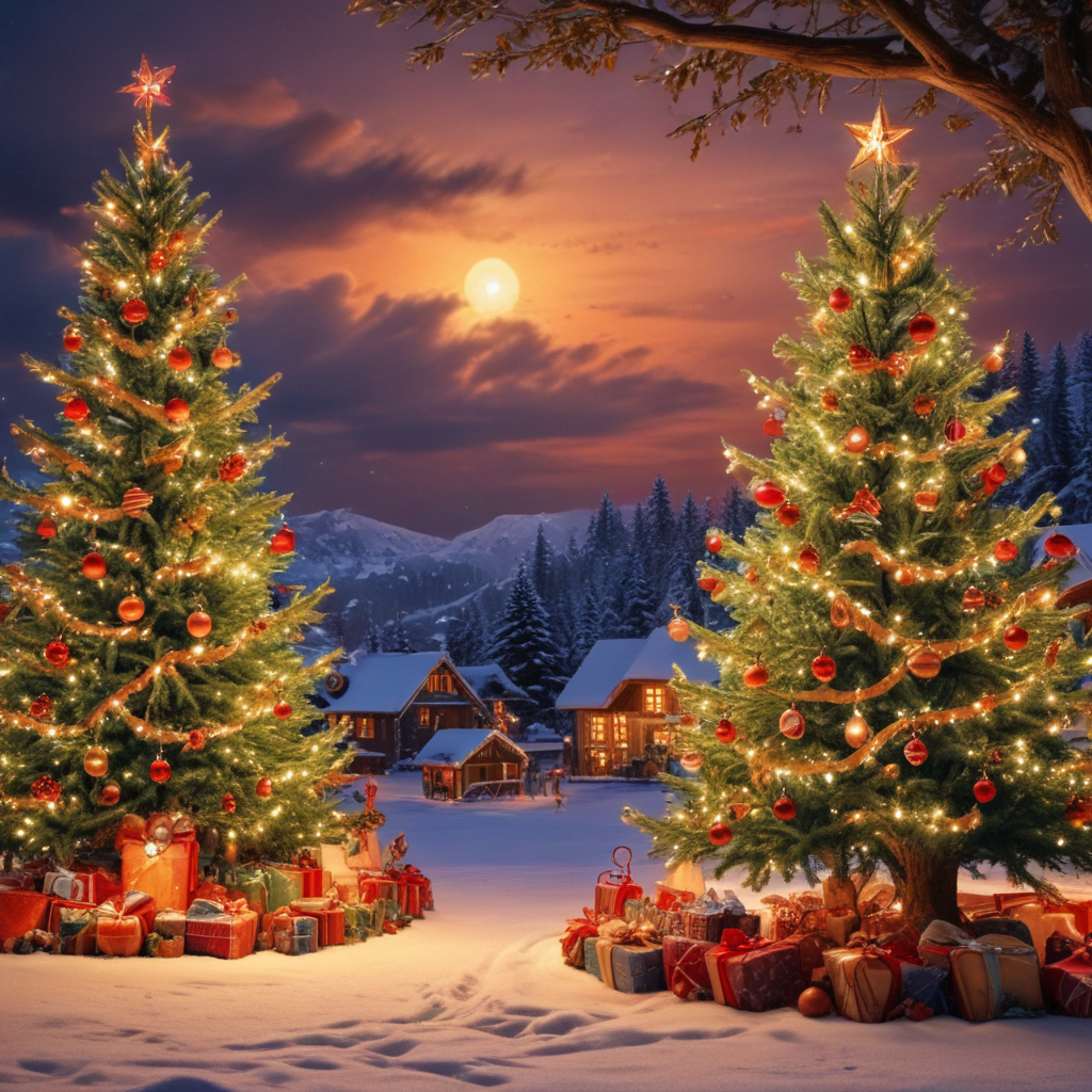 Enchanting Winter Scene with Festive Christmas Trees and Cozy Cabin Glow