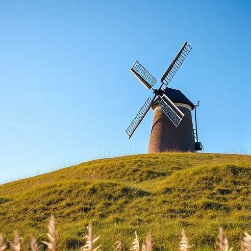 A picturesque windmill on a grassy hill under a blue sky, captured with a DSLR camera, 50mm lens, aperture f/8, shutter speed 1/250s, ISO 200, with a slightly low angle view to emphasize the height of the windmill and the surrounding landscape.