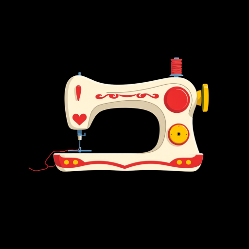 Create a vibrant illustration of a sewing machine with a whimsical design, featuring a white body, red and yellow accents, a heart shape, and a spool of thread on top, set against a solid black background, captured in high resolution using a DSLR camera with a 50mm lens, aperture set to f/1.8 for a shallow depth of field, and bright lighting to enhance color saturation and detail.