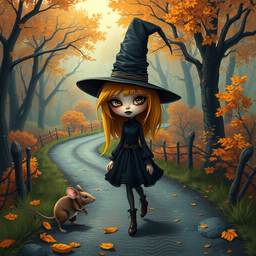 digital art fantasy depicting a strange girl with Yellow hair, long eyelashes, black lipstick and a tall hat walking along a winding road on an autumn afternoon, an Mouse smiles as she passes