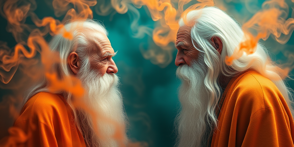 Create an ethereal portrait of two wise, elderly figures with flowing white beards, facing each other, surrounded by swirling smoke and vibrant colors of orange and teal, using a DSLR camera with a 50mm lens, aperture f/1.8, shutter speed 1/125s, ISO 200, in a soft-focus style to enhance depth and texture.