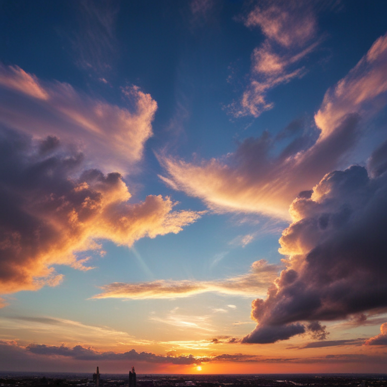 Stunning Sunset Over the City with Colorful Sky and Dramatic Clouds