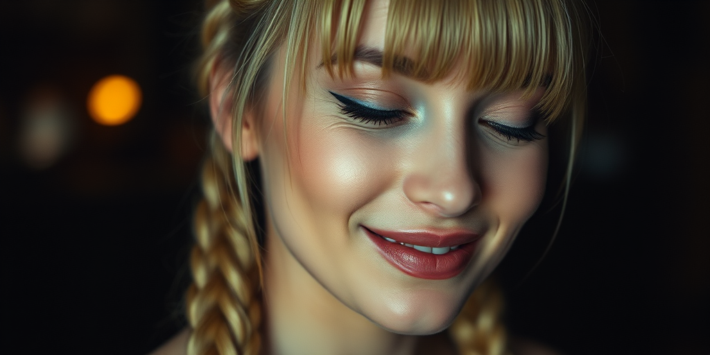 cinematic film still shot of 1woman,   perfect  body,  braids hair with bangs , blonde, , delicate  smile,  one eye closed, close shot, dark background, bokeh, vibrant,  dim light, dutch angle,