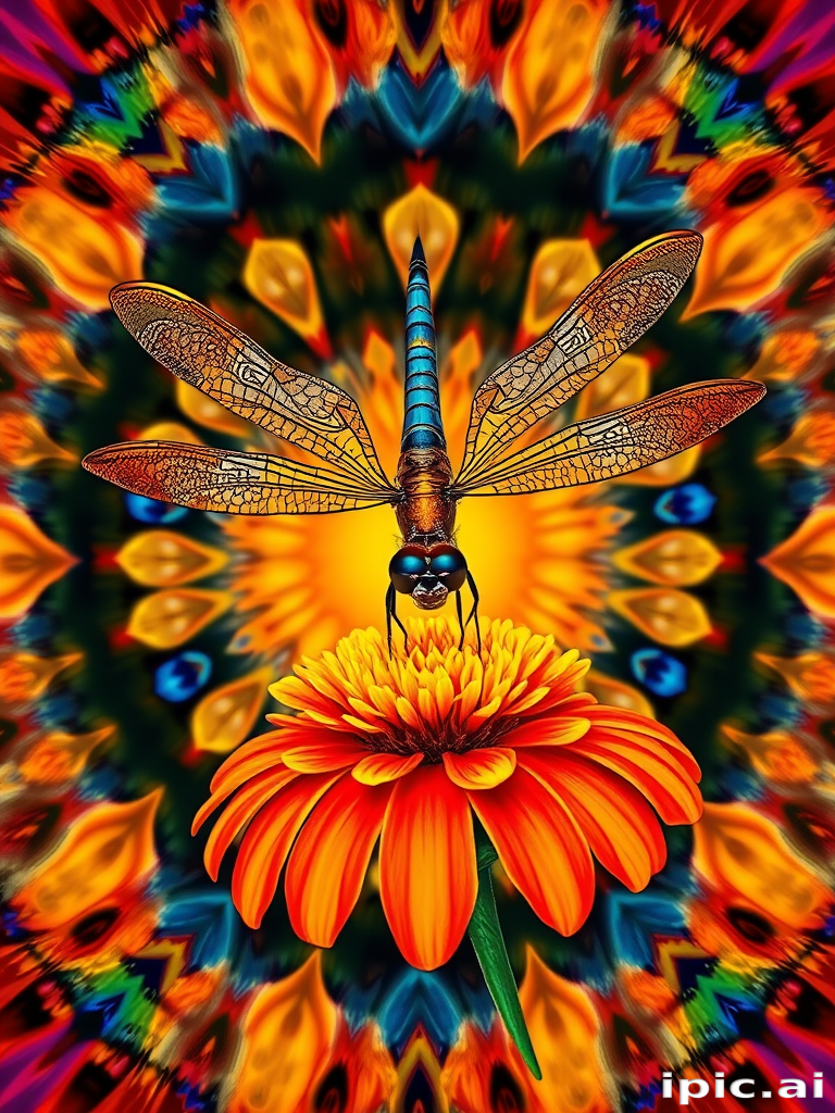 Ketubah kaleidoscope painting style of a dragonfly perched on a gaillardia flower