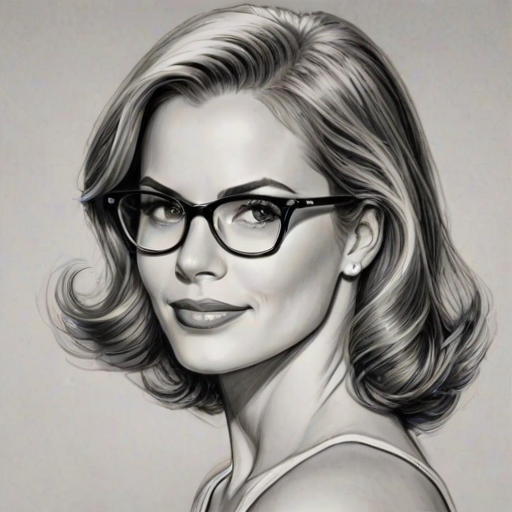 Splendid Brooke Burns, pencil sketch, portrait of Attractive woman 1934s in glasses, hair style beatnik, outline, clear lines, fine lines, 8k