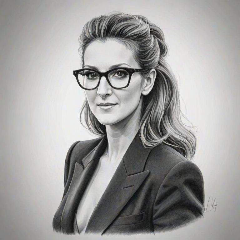 Enchanting Celine Dion, pencil sketch, portrait of Alluring woman 1939s in glasses, hair style beatnik, outline, clear lines, fine lines, 8k