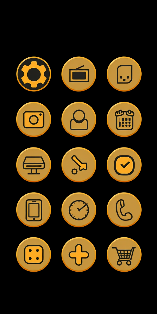 Create a high-resolution image of a grid of twelve circular icons on a black background with a gold outline, featuring a gear, camera, user profile, calendar, trash can, check mark, clock, table, phone, cross, shopping cart, and information symbol, using a Canon EOS R5 camera with a 50mm f/1.2 lens, aperture set to f/8, ISO 100, and shot with a standard view at 24 megapixels.