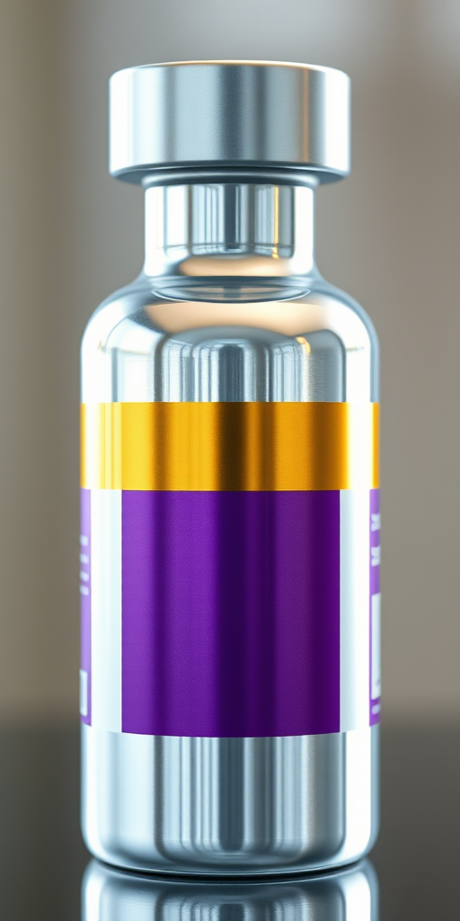 A high-resolution digital illustration of a shiny silver medicine bottle with a purple label and a gold stripe, captured with a Canon EOS R5, 50mm lens at f/1.8, soft natural lighting, and a slight top-down view.