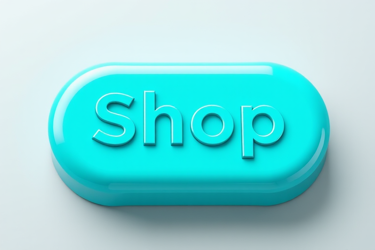 Create a high-resolution 3D button design with a glossy turquoise finish featuring the word "Shop" in a modern font, using a DSLR camera with a 50mm lens, aperture set to f/2.8, ISO 100, shot at a 45-degree angle with soft lighting for depth and clarity.