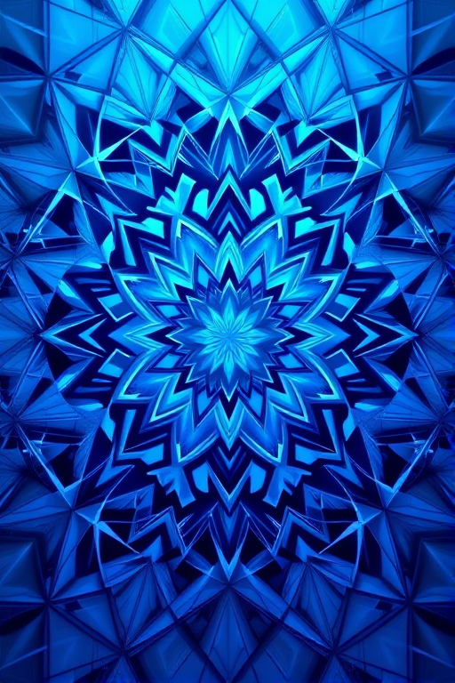 Create a high-resolution abstract digital artwork featuring intricate geometric patterns in blue tones, using a Canon EOS 5D Mark IV with a 50mm f/1.8 lens, aperture set to f/8, ISO 100, at a 1/125 second shutter speed, with soft diffused lighting and a focus on depth and texture.
