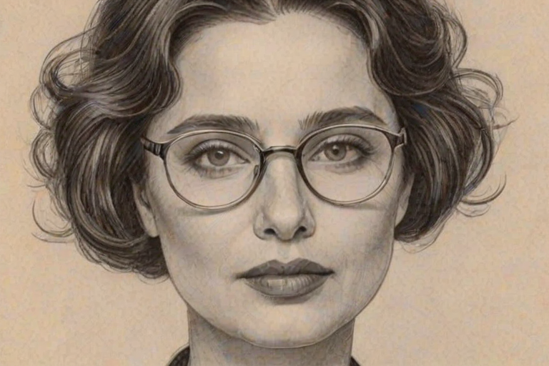 Elegant Isabella Rossellini, pencil sketch, portrait of Pleasing woman 1922s in glasses, hair style beatnik, outline, clear lines, fine lines, 8k