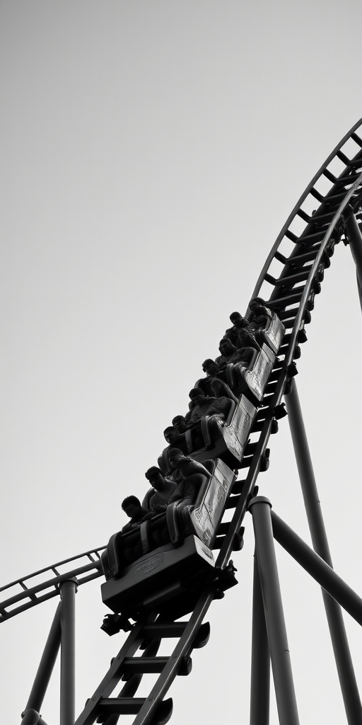High-resolution black and white image of a roller coaster with riders in motion, taken from a low angle with a wide lens, f-stop 8, ISO 100, shutter speed 1/500s, using a DSLR camera.